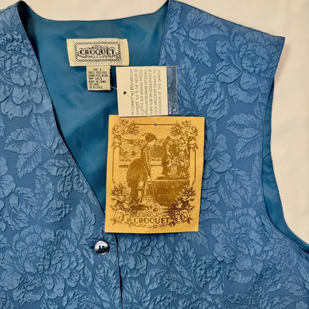NWT Deadstock Boho Croquet Club VTG Floral Vest Blue 100% Silk Women’s Large - Picture 10 of 12